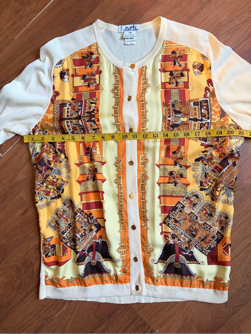 Vtg Hermes silk scarf-front cotton cardigan - Picture 8 of 11